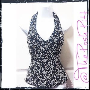 Xscape Black & ​Intricate White Beading Halter Top